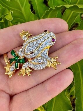 Rare Vintage Kenneth Jay Lane Enamel Ribbon Cabochon Eyes Frog Brooch Book Piece